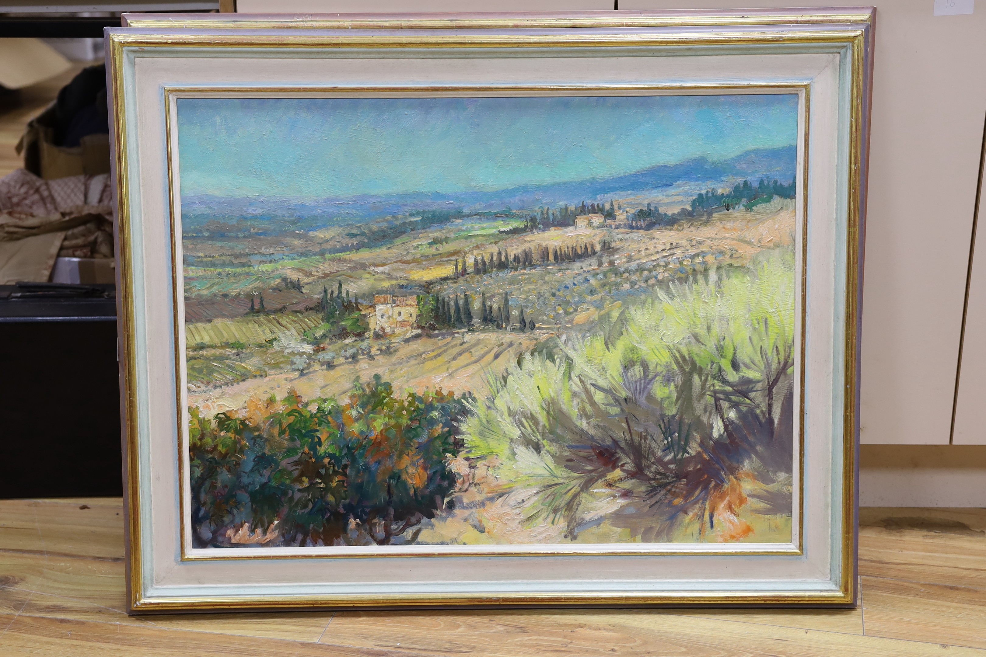 Tessa Spencer Pryse (b.1940), oil on board, 'Tuscany landscape, Italy', inscribed verso, 60 x 80cm